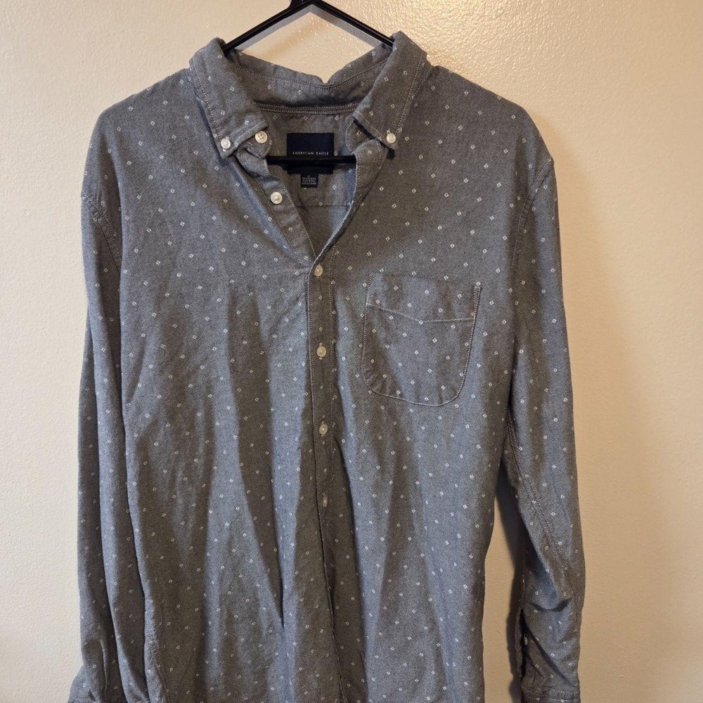 American Eagle Mens Gray Diamond Print Button Down Shirt Long Sleeve‎ LT Tall
